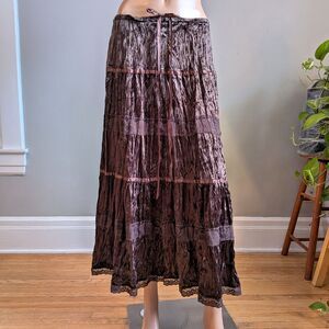 Vintage Y2K Fang Brown Crushed Velvet Midi Skirt Prairie Tiered Size Medium